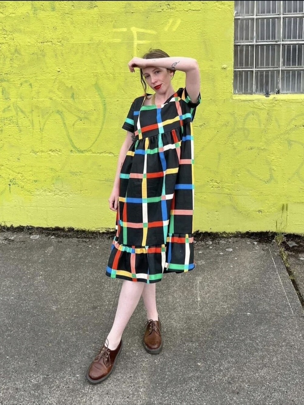 Black Multicolor Check Babydoll Dress - Women